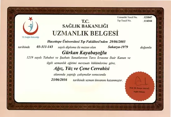 Certificate of Specialty in Facial Surgery — Prof. Dr. Gürkan Kayabaşoğlu