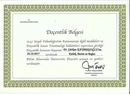 Associate Professor Diploma — Otolaryngology — Prof. Dr. Gürkan Kayabaşoğlu