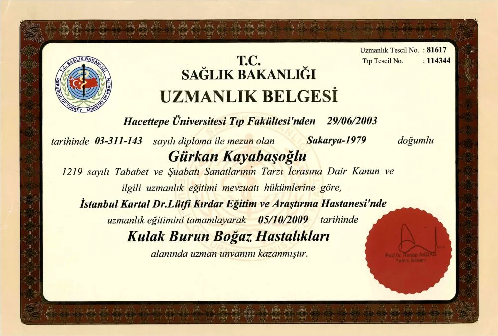 ENT Specialist Diploma — Prof. Dr. Gürkan Kayabaşoğlu